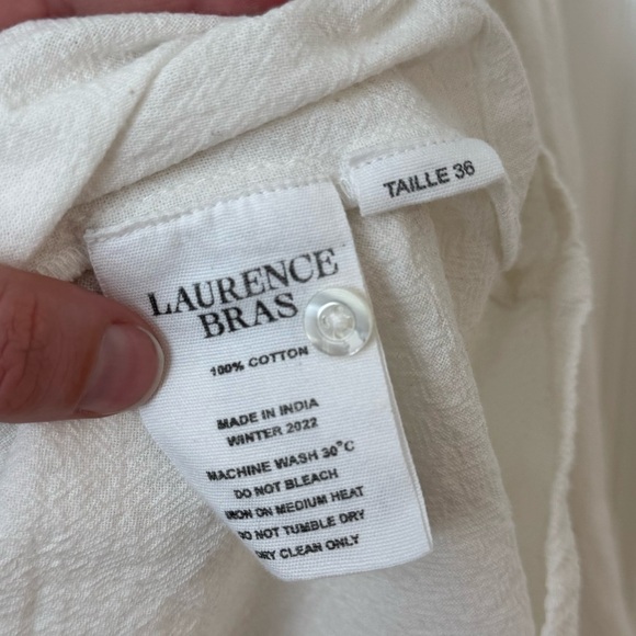 Laurence Bras Cotton Nord Blue Smocked Embroidered Blouse Small White Navy Boho - Picture 13 of 15